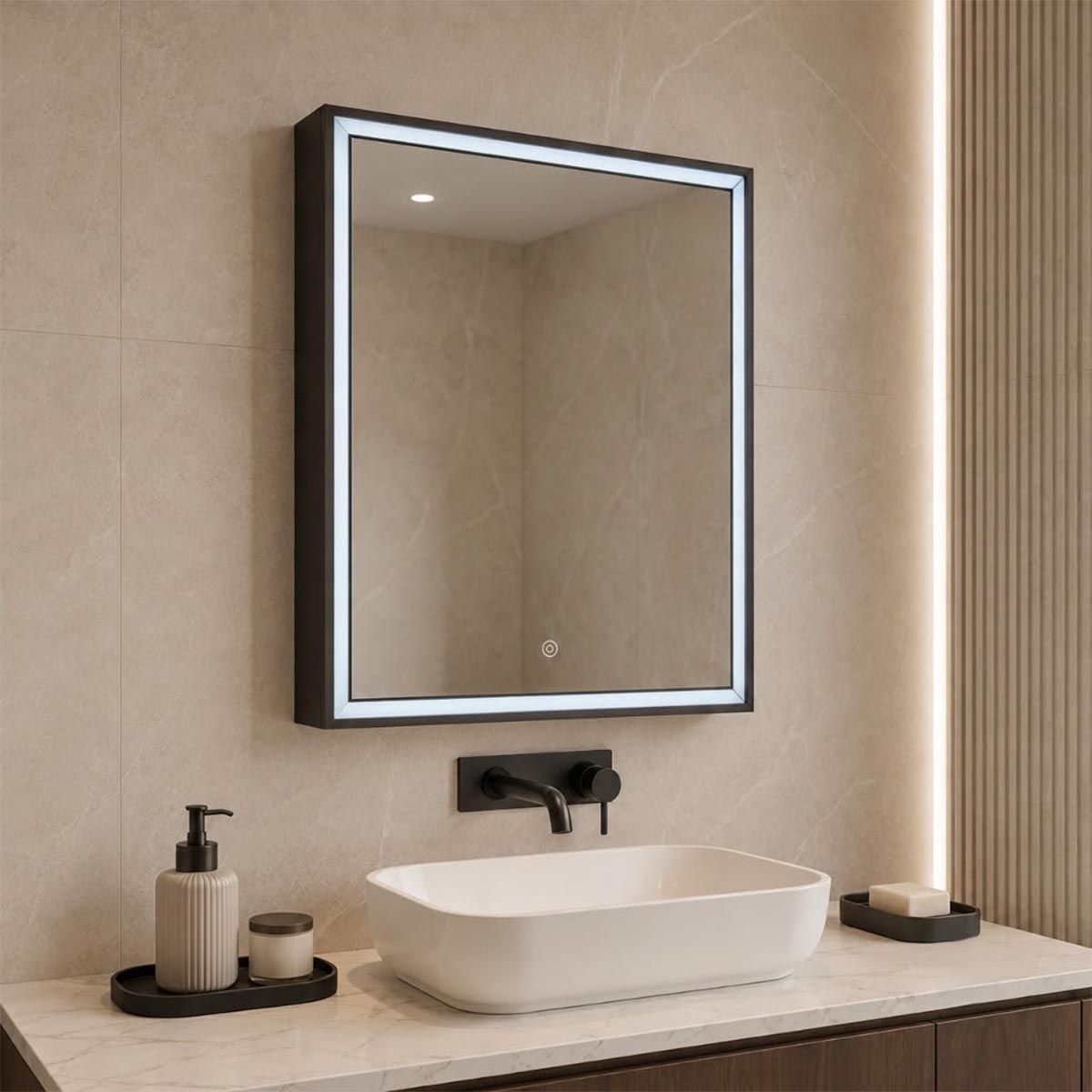 Matt Black Single Door Bathroom Mirror Cabinet with LED Light, Sensor and Shaver Socket 