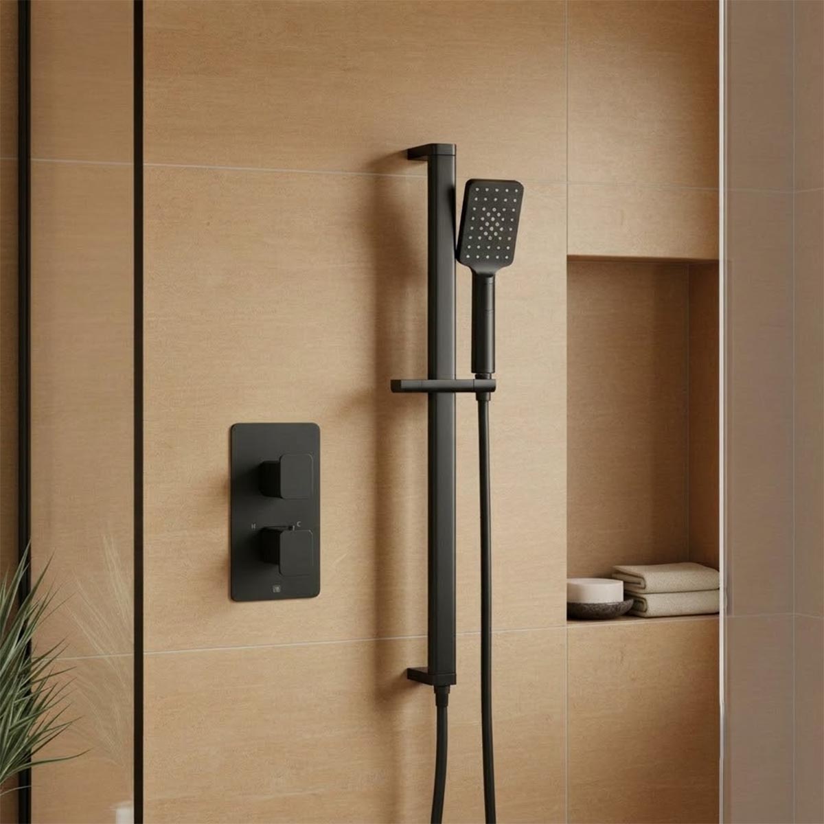 Matt Black Slide Rail Kit with Rectangular Multifunction Shower Handset