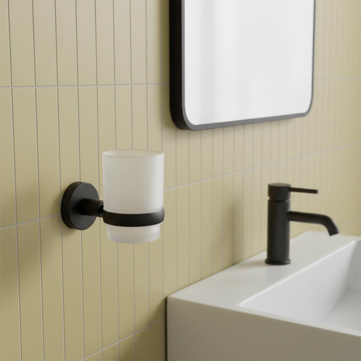Matt Black Tumbler Holder  with frosted glass - wall mounted