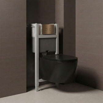 Matt Black Wall Hung Toilet with Seat, Brushed Bronze Flush Plate & Concealed Cistern W.C Frame Set 0.82m Main image
