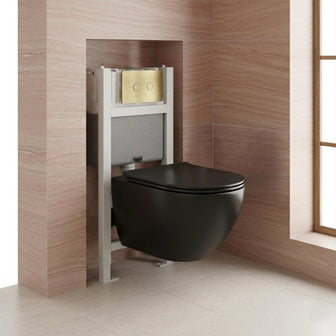 Matt black wall hung toilet with 0.82m WC frame and brushed brass flush plate Main image
