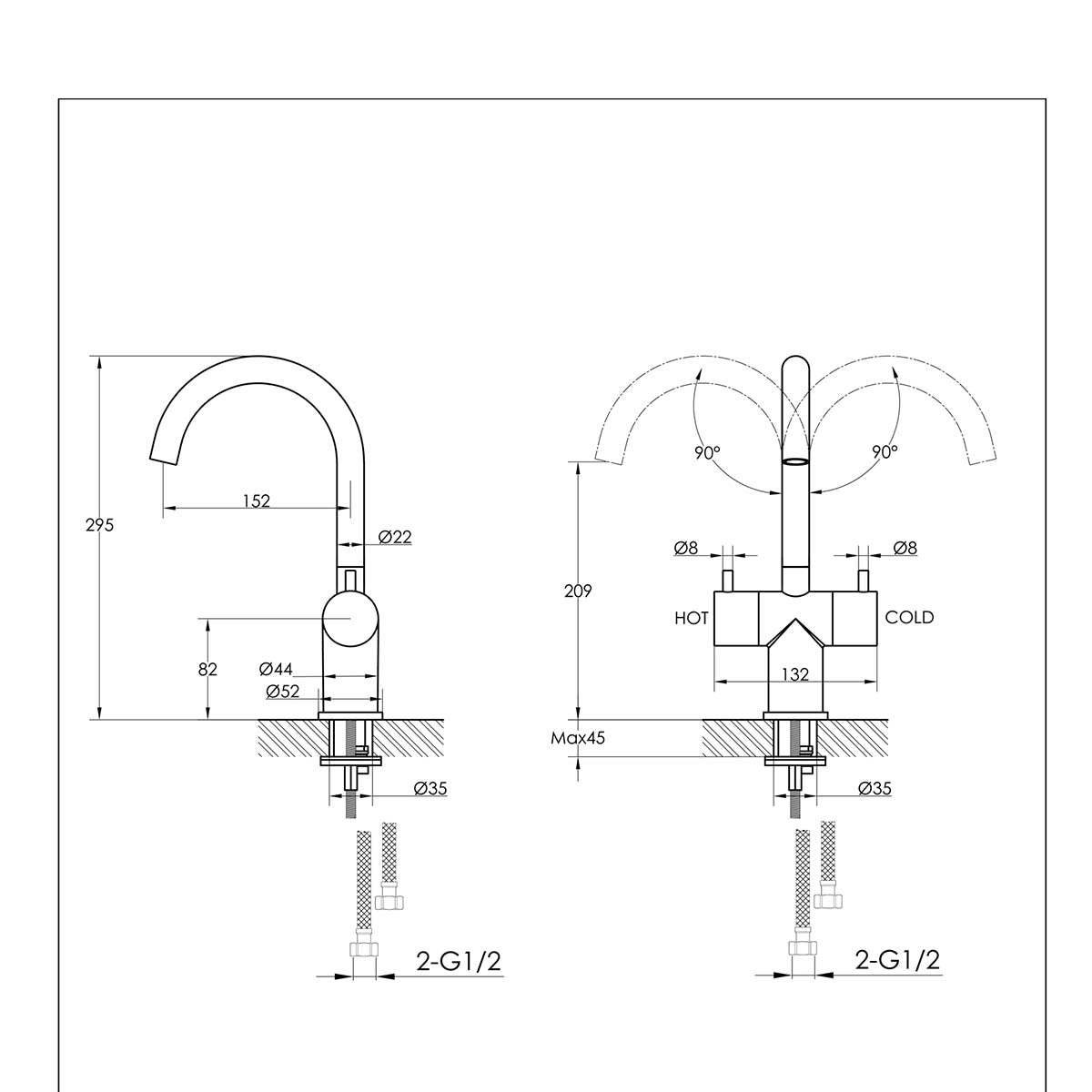 Mono basin tap with two levers and swivel spout