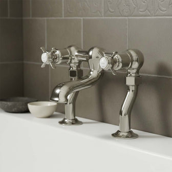 Old style deck mounted bath tap with crosshead handles - nickel  Main image