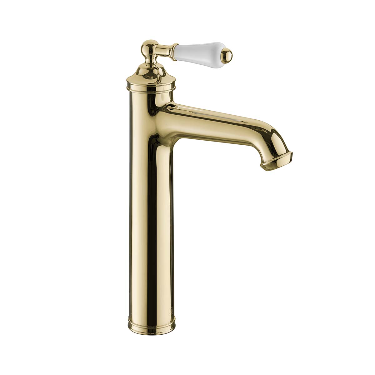 Polished gold high rise traditional basin tap with white ceramic lever