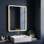 Rectangular Brushed Brass Frame Bathroom Mirror with LED Demister and Touch Sensor