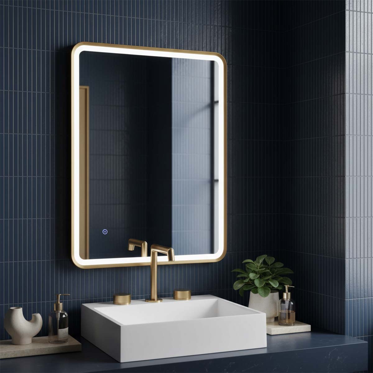 Rectangular Brushed Brass Frame Bathroom Mirror with LED Demister and Touch Sensor