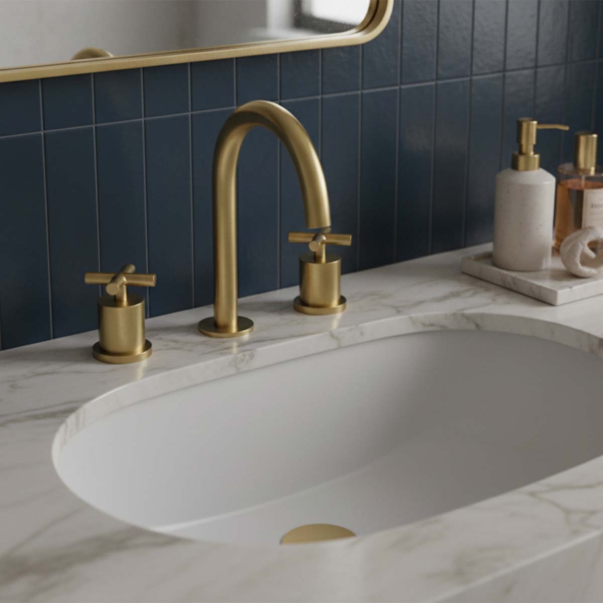deck mounted 3 hole basin tap with crosshead handles - brushed brass  