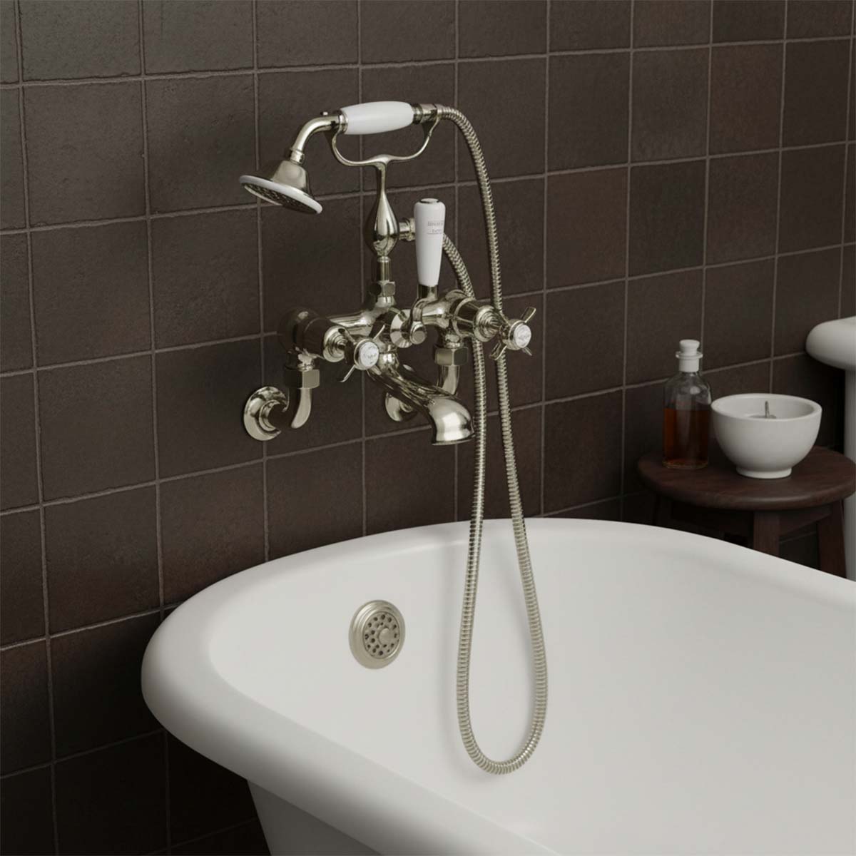 Traditional Wall Mounted Bath Shower Mixer with Shower - Nickel Finish