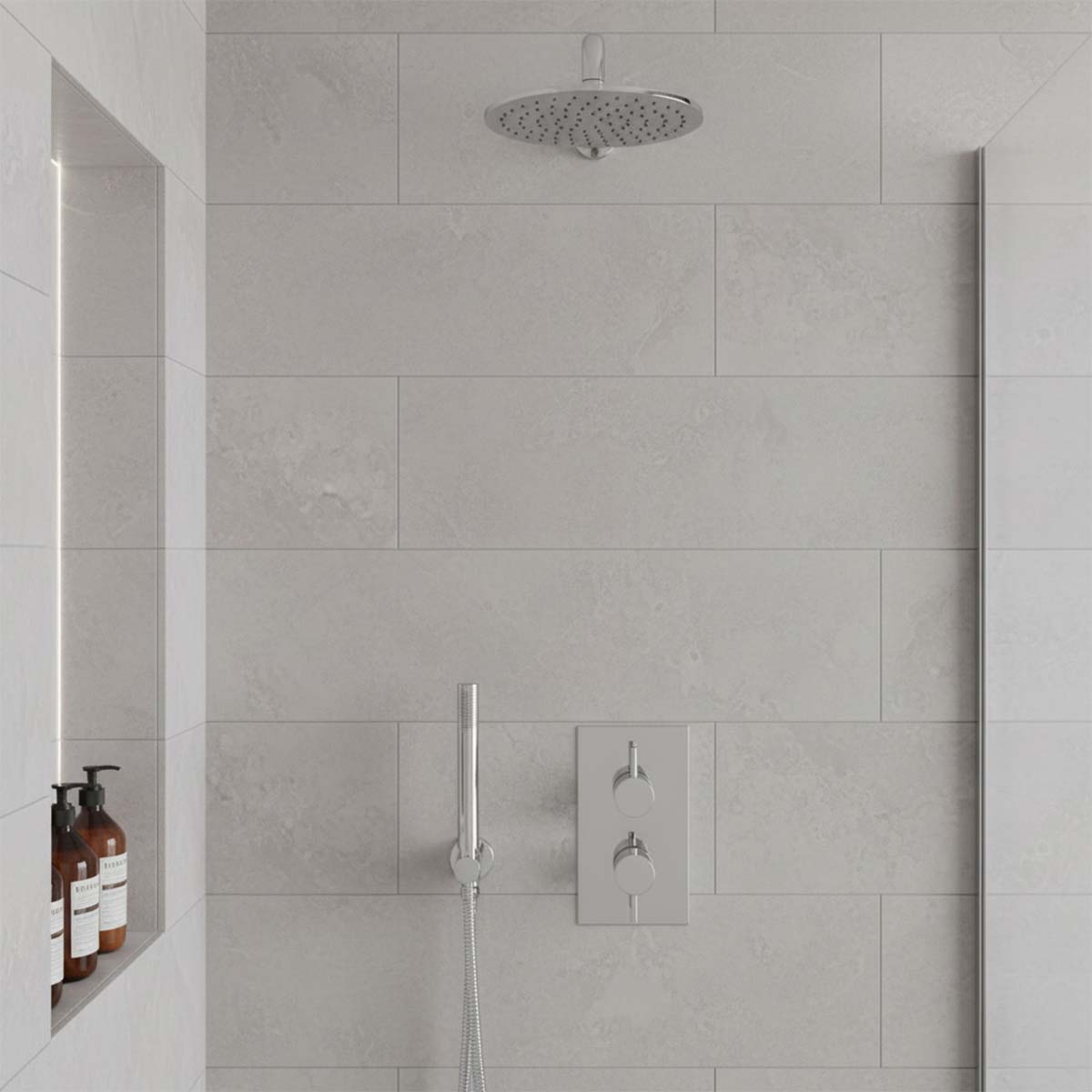 Concealed 2 Outlet Thermostatic Shower Valve, Fixed Showerhead and Handset Pack - Chrome