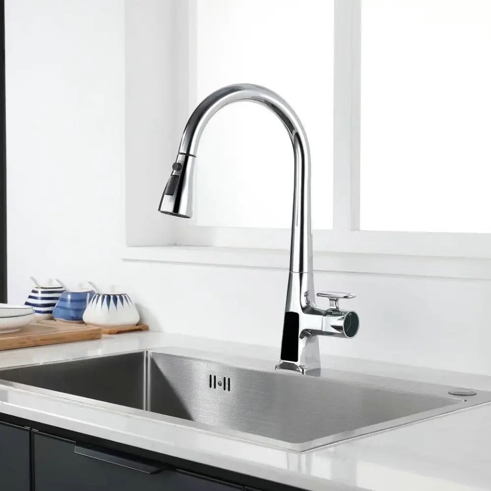Pull Out Kitchen Tap with Single Lever and Temperature Display - Chrome
