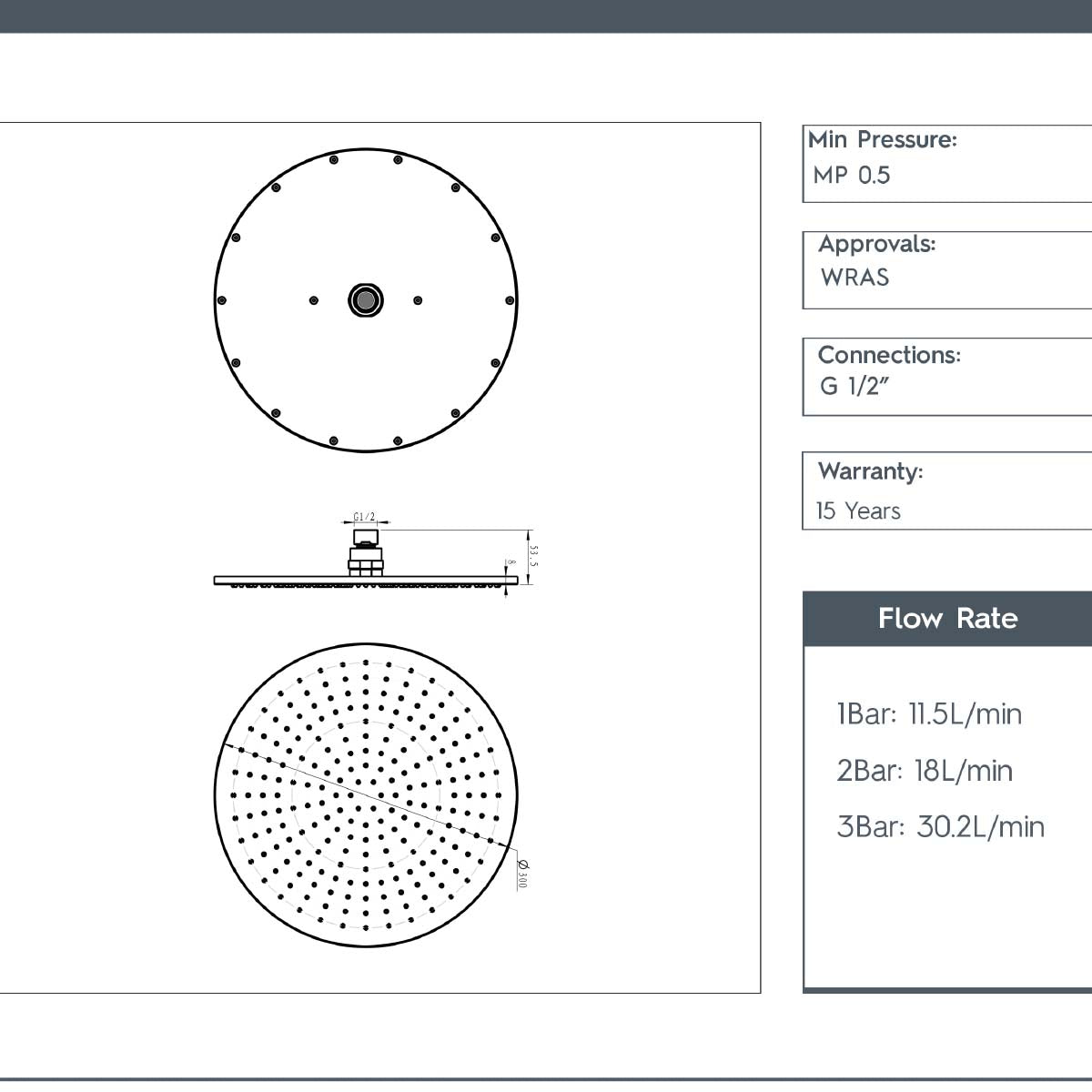 Rain Chrome Round Shower Head - 300mm technical details