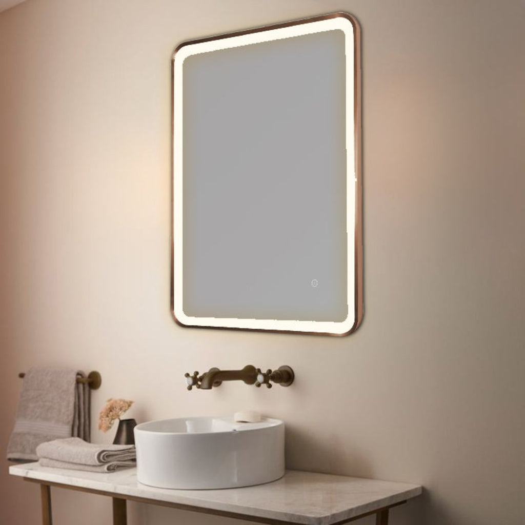 Rectangular LED Bathroom Mirror with Demister and Touch Sensor Brushed Bronze Frame
