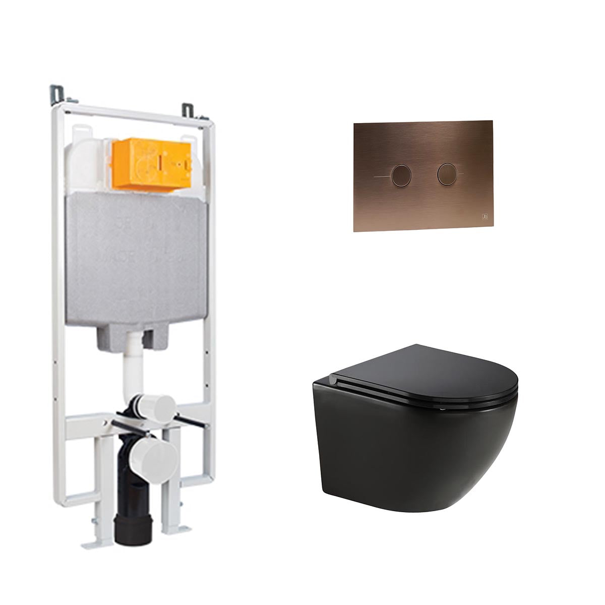  Rimless Toilet with Seat & 1.2m Slim Concealed Cistern W.C Frame and Brushed Bronze Flush Plate Set