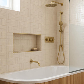 Round Brushed Brass 400mm Shower Wall Arm with 200mm Head, Slider Kit, Bath Spout and 3-Outlet Thermostatic Shower Valve Main image