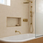 Round Brushed Brass 400mm Shower Wall Arm with 200mm Head, Slider Kit, Bath Spout and 3-Outlet Thermostatic Shower Valve