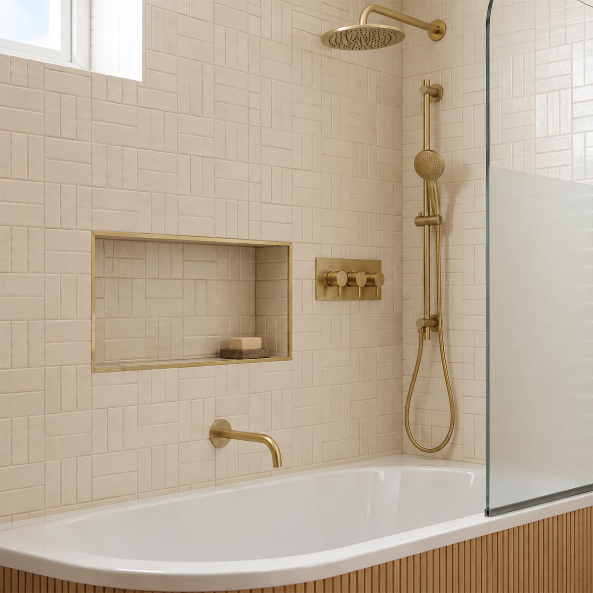 Round Brushed Brass 400mm Shower Wall Arm with 200mm Head, Slider Kit, Bath Spout and 3-Outlet Thermostatic Shower Valve