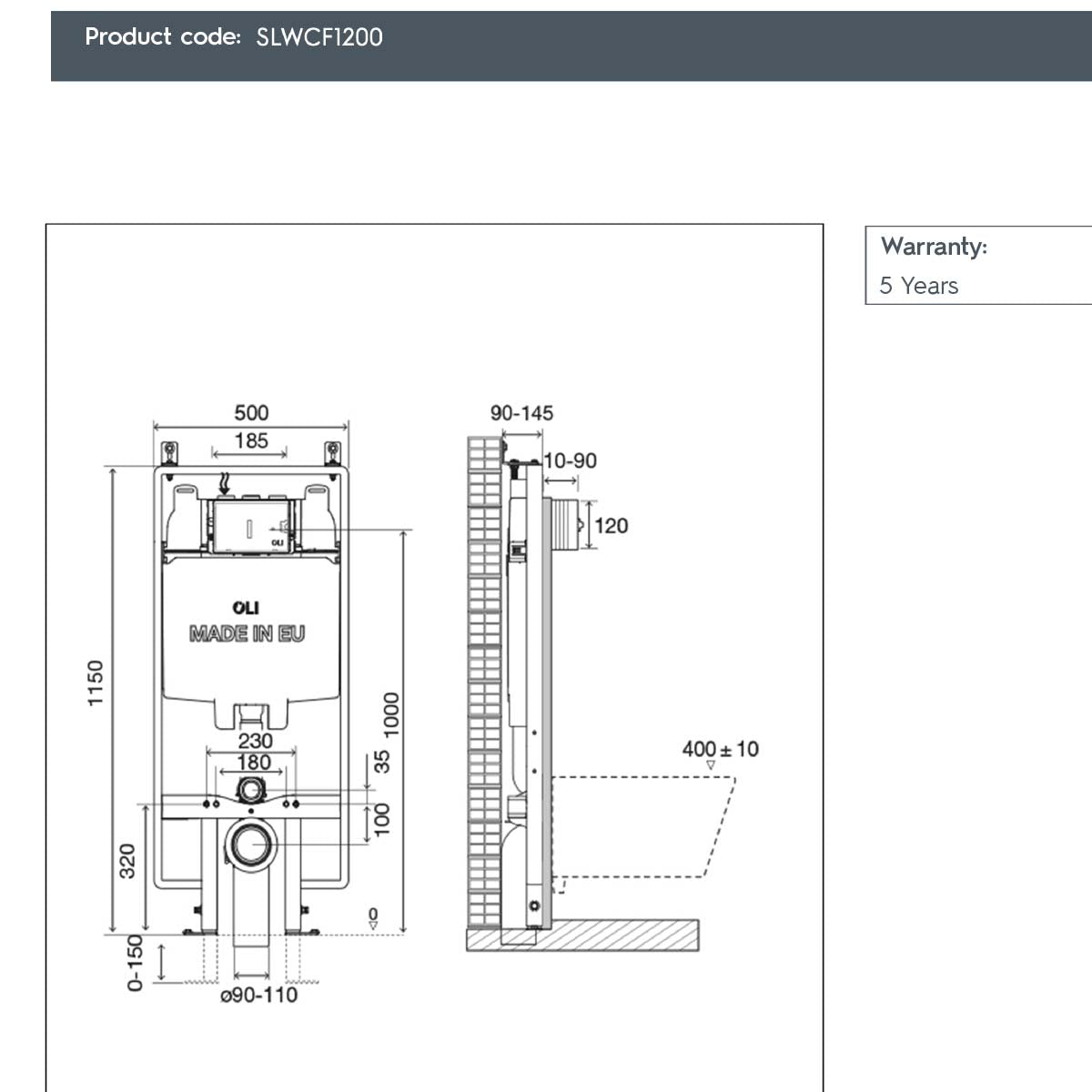 1.2m Slim Pre-Wall Freestanding Toilet Frame with Cistern, Brackets W.C Bend 