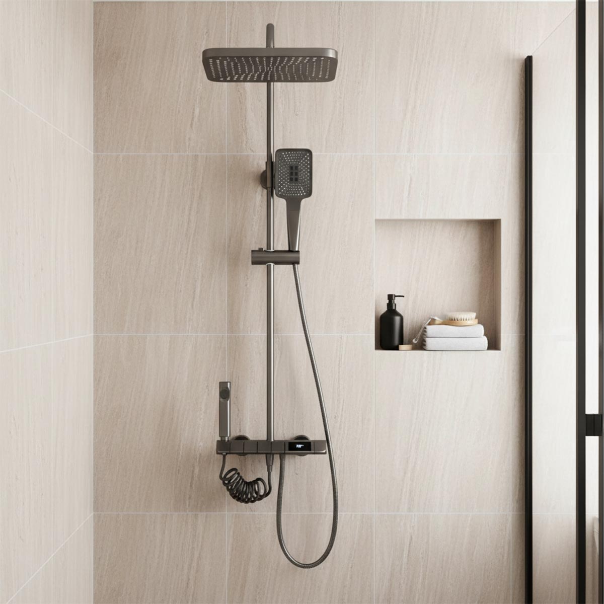 Shower Mixer with Square Handset and Temperature Display - Brushed Black