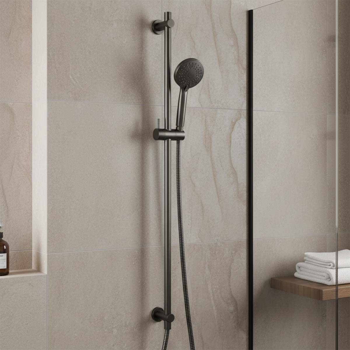 Slide Rail Shower with Round Shower Handset & Hose - Brushed Black