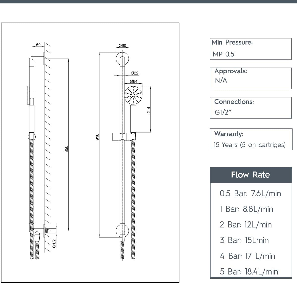  Slide Rail with Round Shower Handset and Bottom Outlet