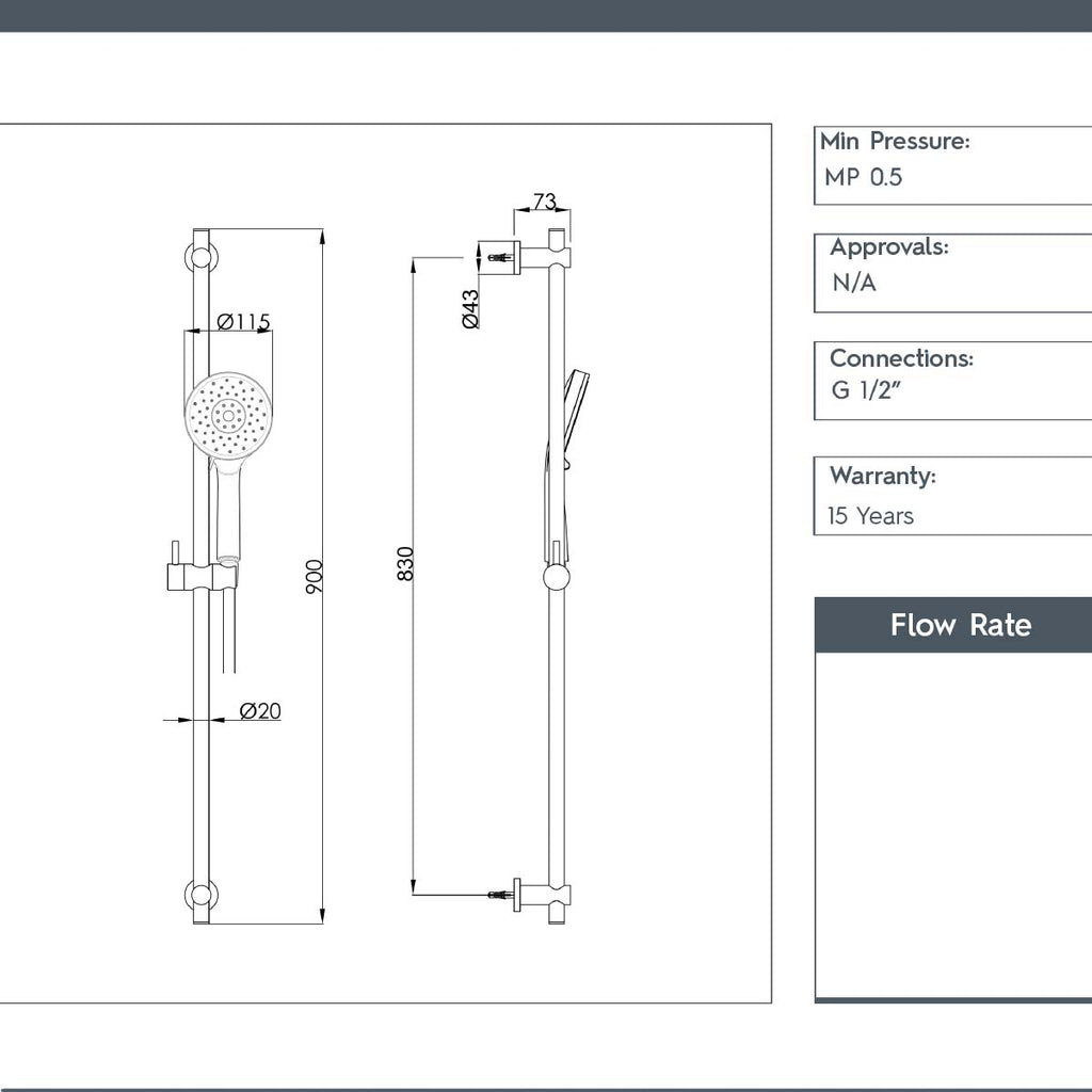 Slider Rail Shower Kit with Multi-Function Shower Handset -technical design