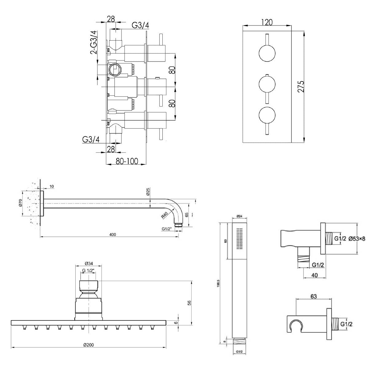 Stainless Steel Concealed Thermostatic 2 Outlet Shower Valve with Shower Handset, Shower Head & Arm  technical drawing 
