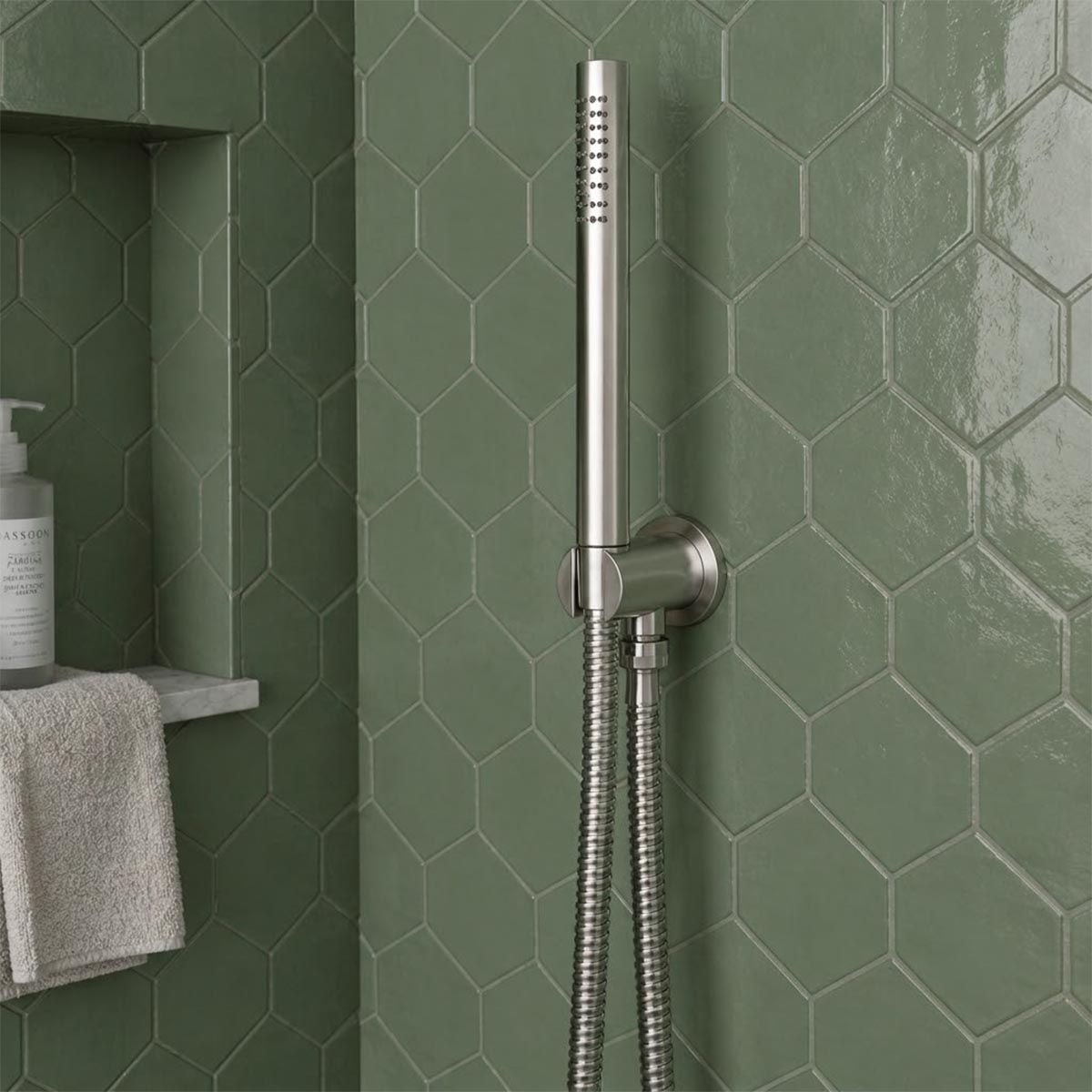 Brushed Steel Holder with Hose and Slim Hand Shower