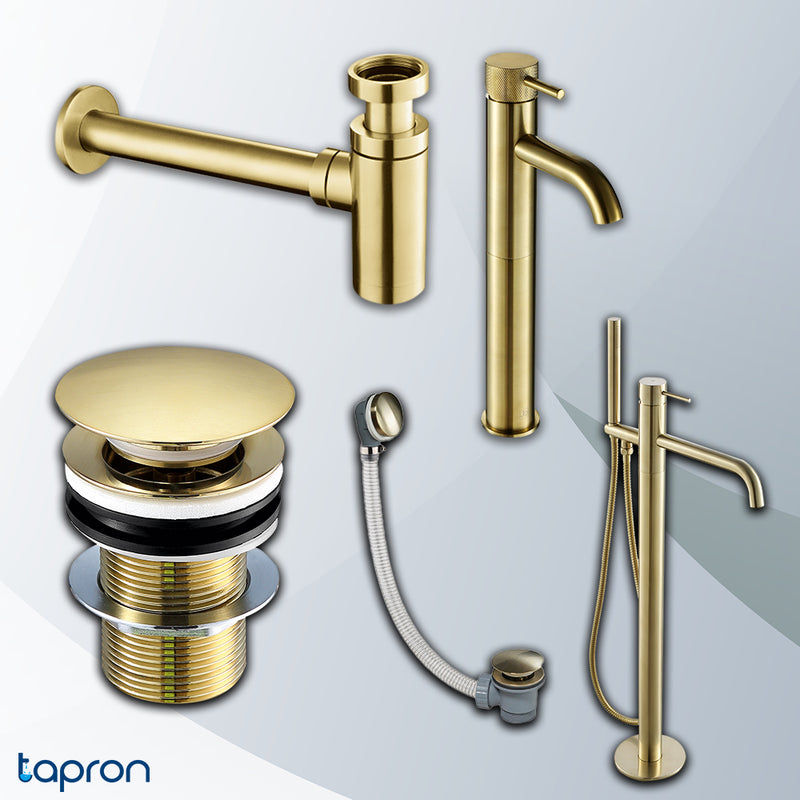 "Gold Bathroom Set: Freestanding Bath Shower Mixer, Heated Towel Rail, Radiator Valves & Basin Tap – Brushed Brass"