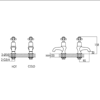 Deck-Mounted Traditional Brushed Brass Crosshead Pillar Bath Taps Secondary image