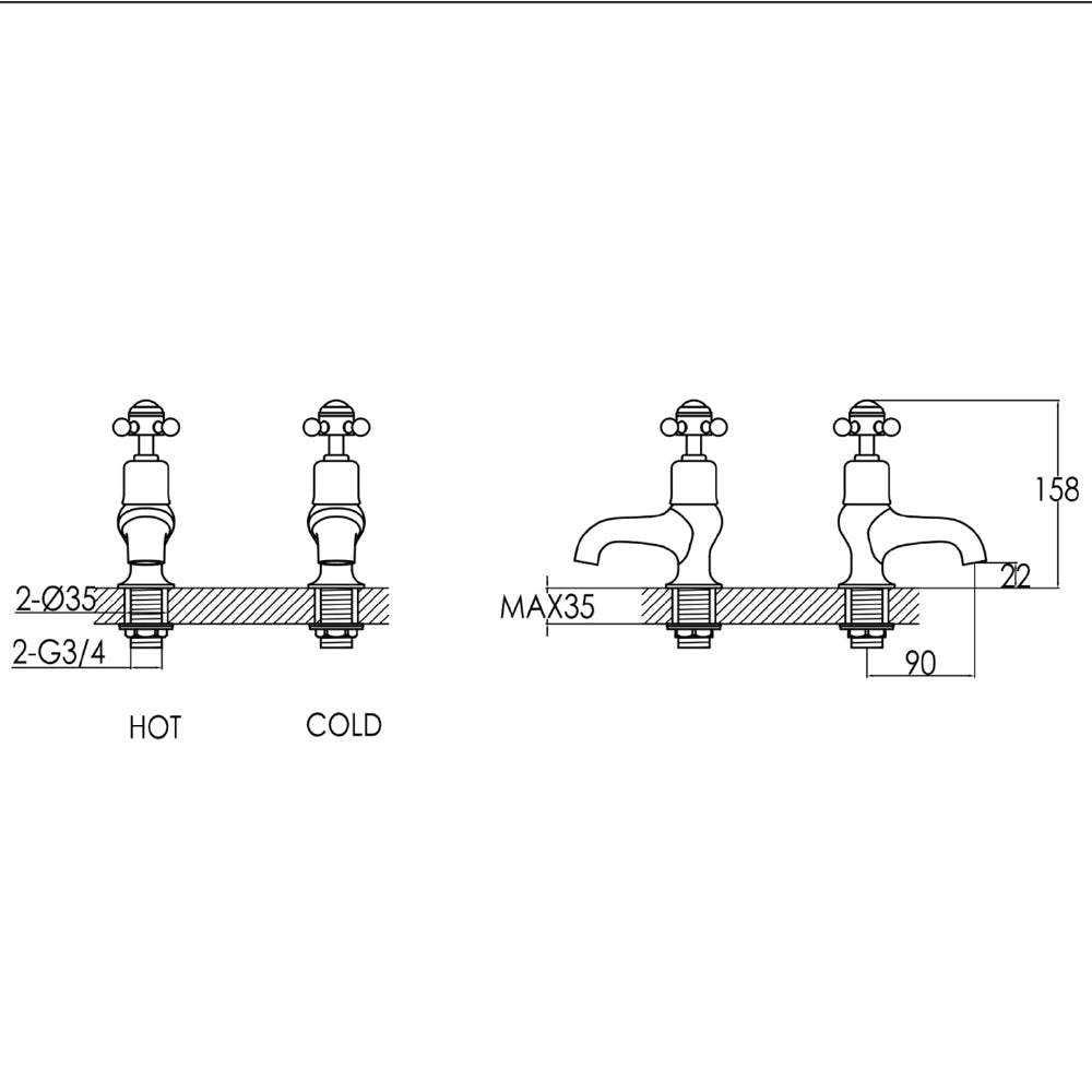 Deck-Mounted Brushed Brass Crosshead Pillar Bath Taps dimensions