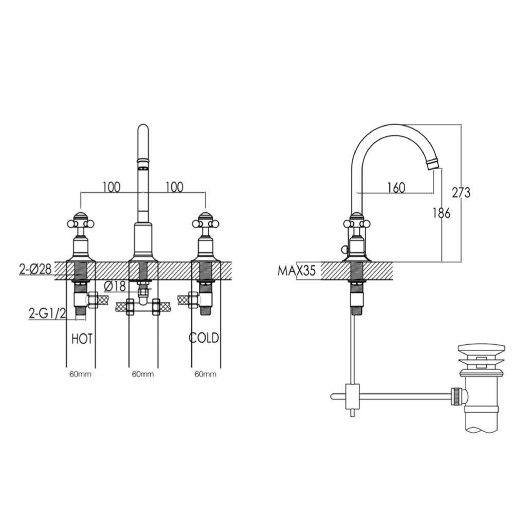 Deck mounted three hole basin tap - brushed brass