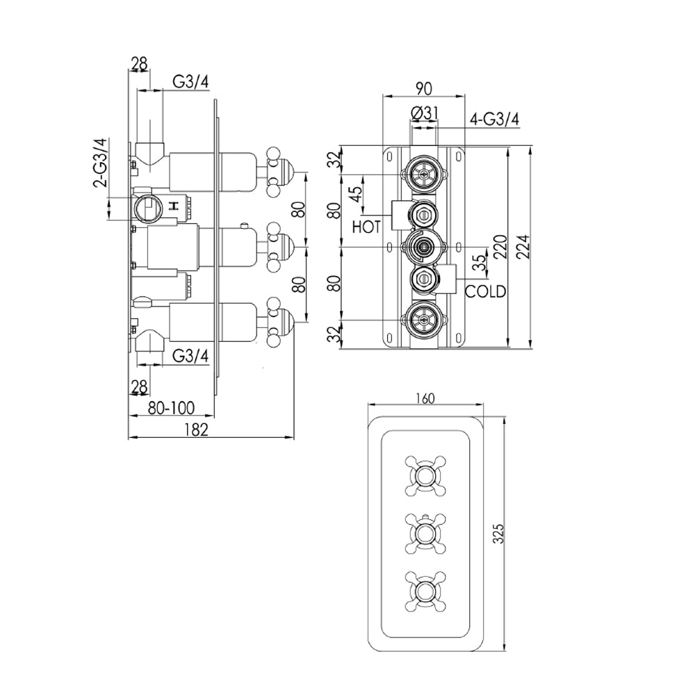 3-Outlet Vertical Concealed Thermostatic Valve - Brushed Brass