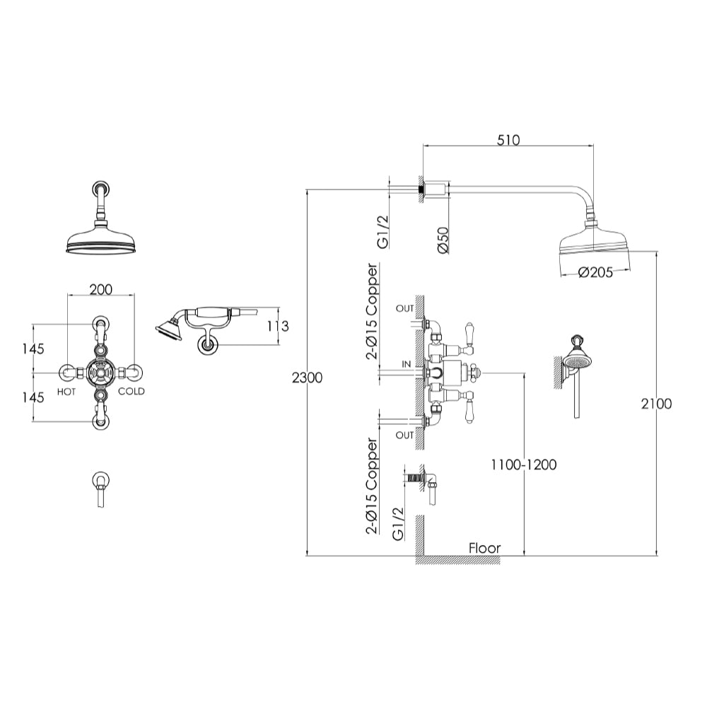 Dual Exposed Thermostatic Shower (inc. Valve, Elbow, Handset + Fixed Shower Head and Arm) - Brushed Brass
