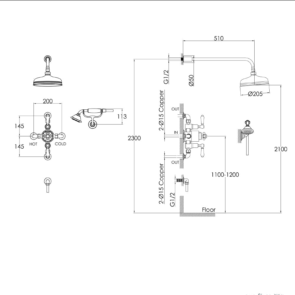 Exposed Thermostatic Shower Kit - Technical drawing