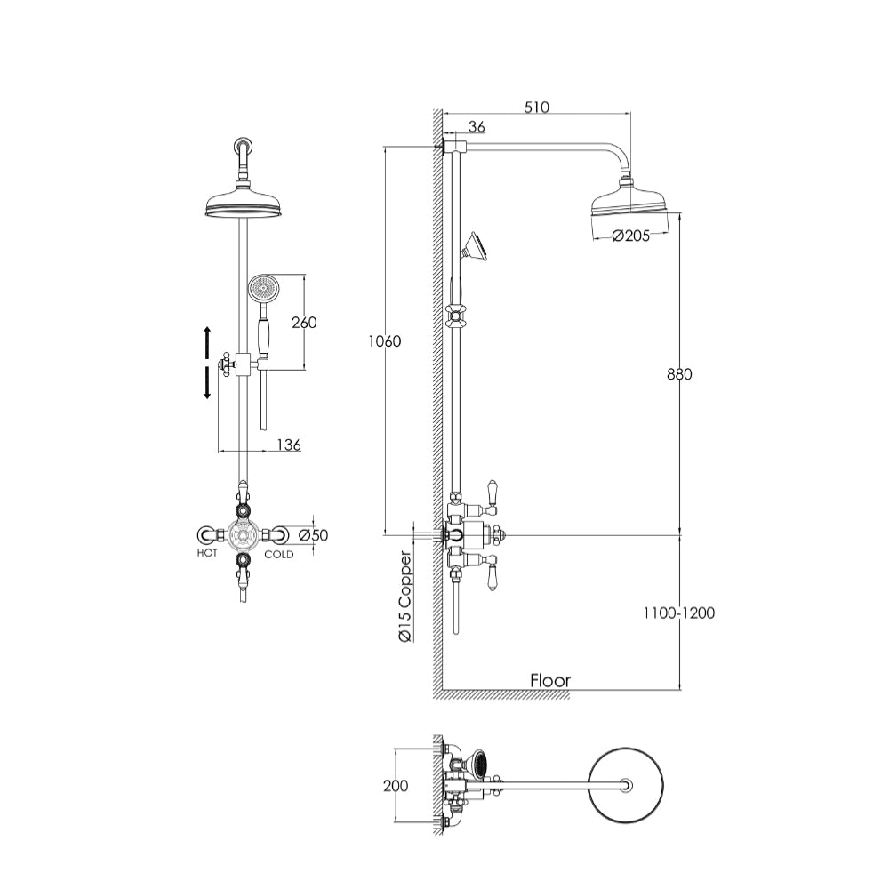 Traditional Rigid Riser with Exposed Valve, 200mm Shower Head and Handshower