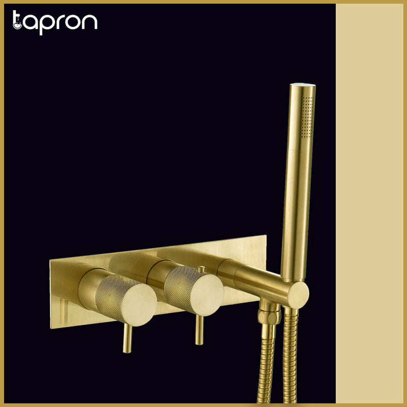 Gold Thermostatic Concealed 2 Outlet Shower Valve with Handset -Tapron