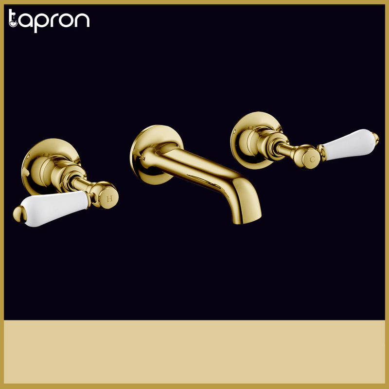 Gold 3 Hole Wall Mounted Traditional Basin Mixer Tap -Tapron