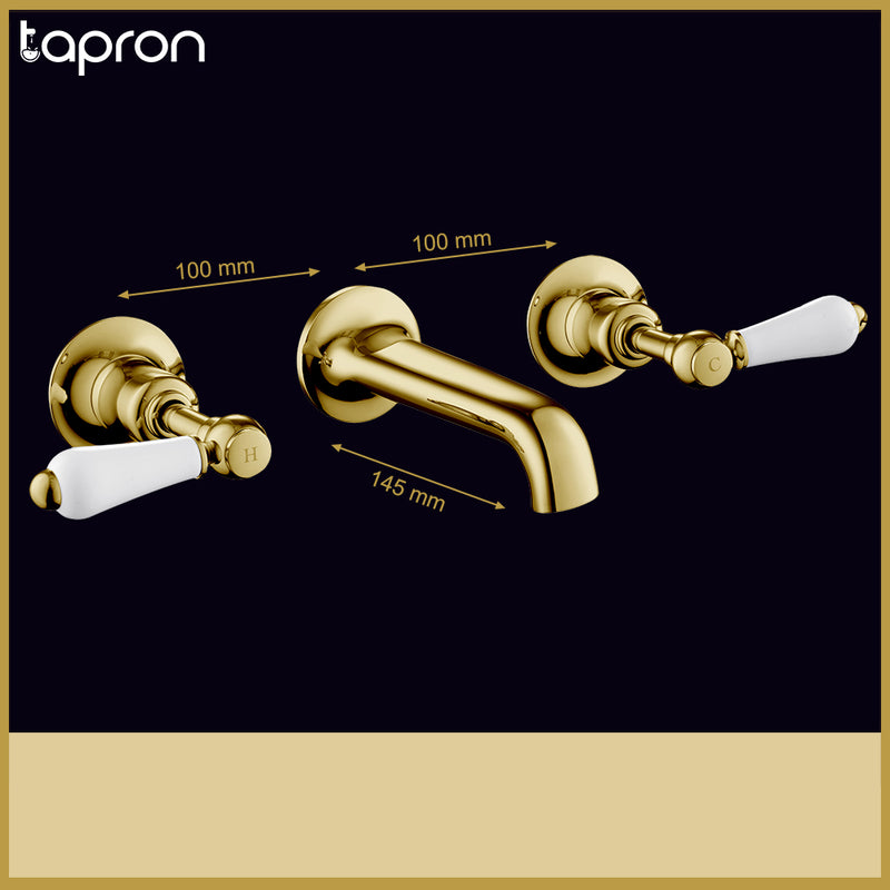 Gold 3 Hole Wall Mounted Traditional Basin Mixer Tap -Tapron