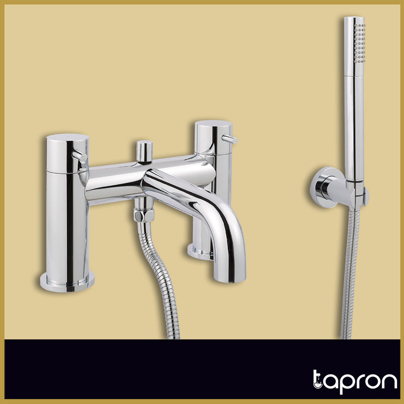 Chrome 2 Outlet Deck-Mounted Shower Mixer Tap and Handheld Shower Set-Tapron
