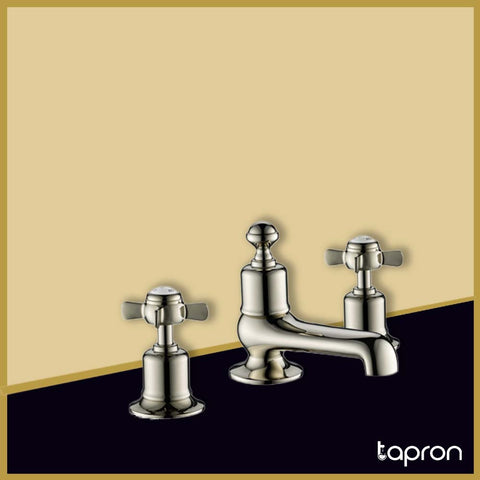 Nickel Finish Traditional 3 Hole Deck Mounted Basin Mixer Tap - Tapron
