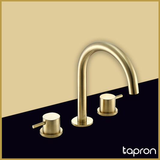 Brushed Brass Gold 3 Hole Deck Mounted Basin Mixer Tap -Tapron 1000