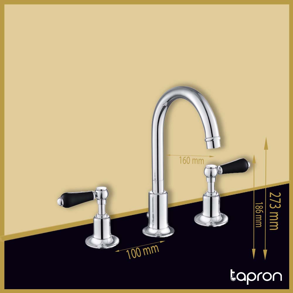 Chrome Black Lever 3 Hole Basin Mixer Tap-Tapron