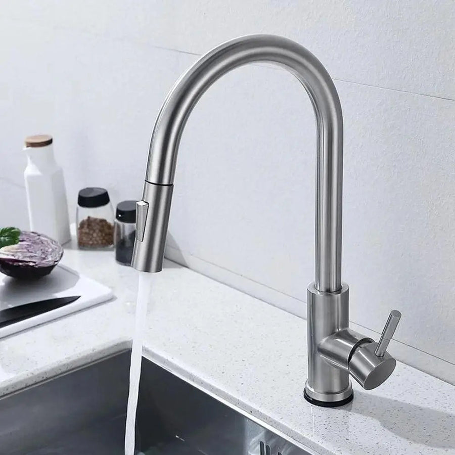 brushed steel pull out kitchen tap 
