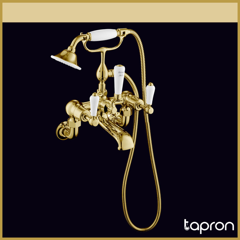 Gold Wall Mounted Bath Shower Mixer Tap with Kit-Tapron