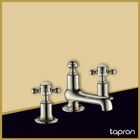 Nickel Traditional 3 Hole Basin Mixer Tap with Dual Crosshead Handles-Tapron