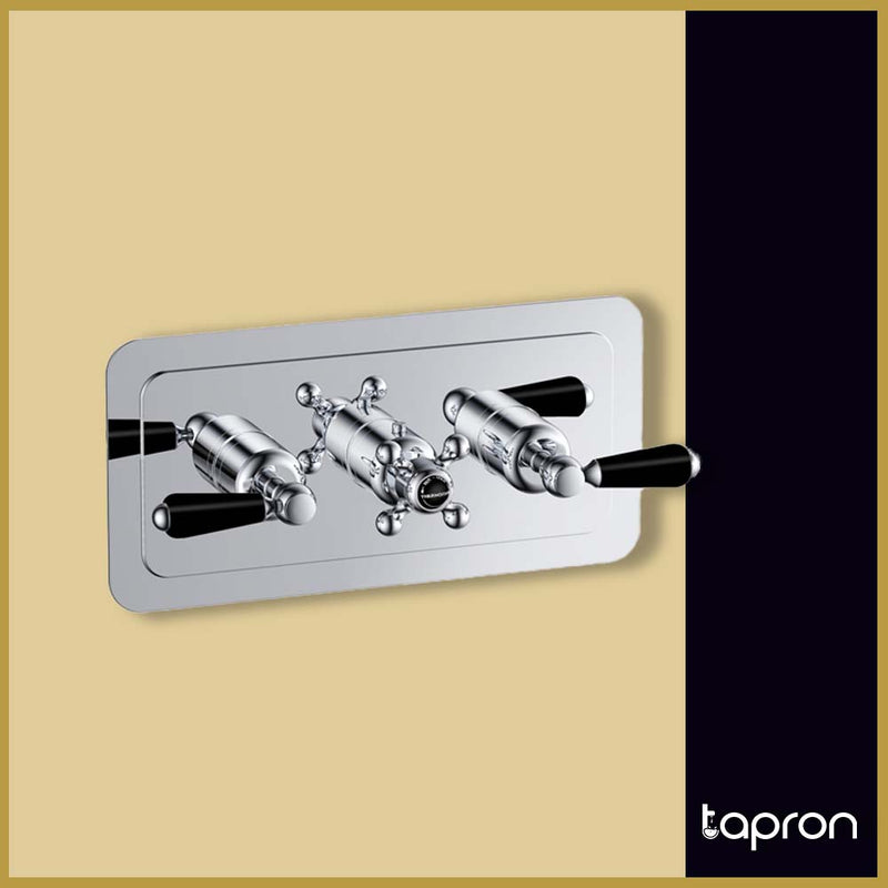 CHROME Black Lever Thermostatic Conceal 3 Outlet Shower Valve Horizontal-Tapron