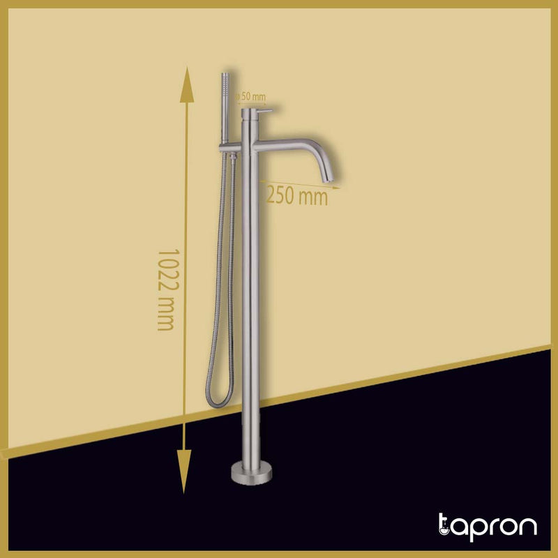 Brushed Stainless Steel Floor Mounted Bath Shower Mixer with Handset-Tapron