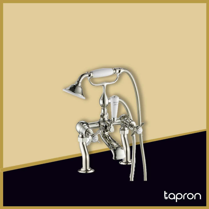 Nickel Finish Deck Mounted Bath Shower Mixer Tap with Shower Kit - Tapron