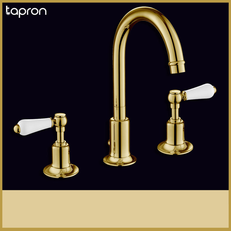 Deck-Mounted 3 Hole Gold Basin Mixer lever Tap-Tapron