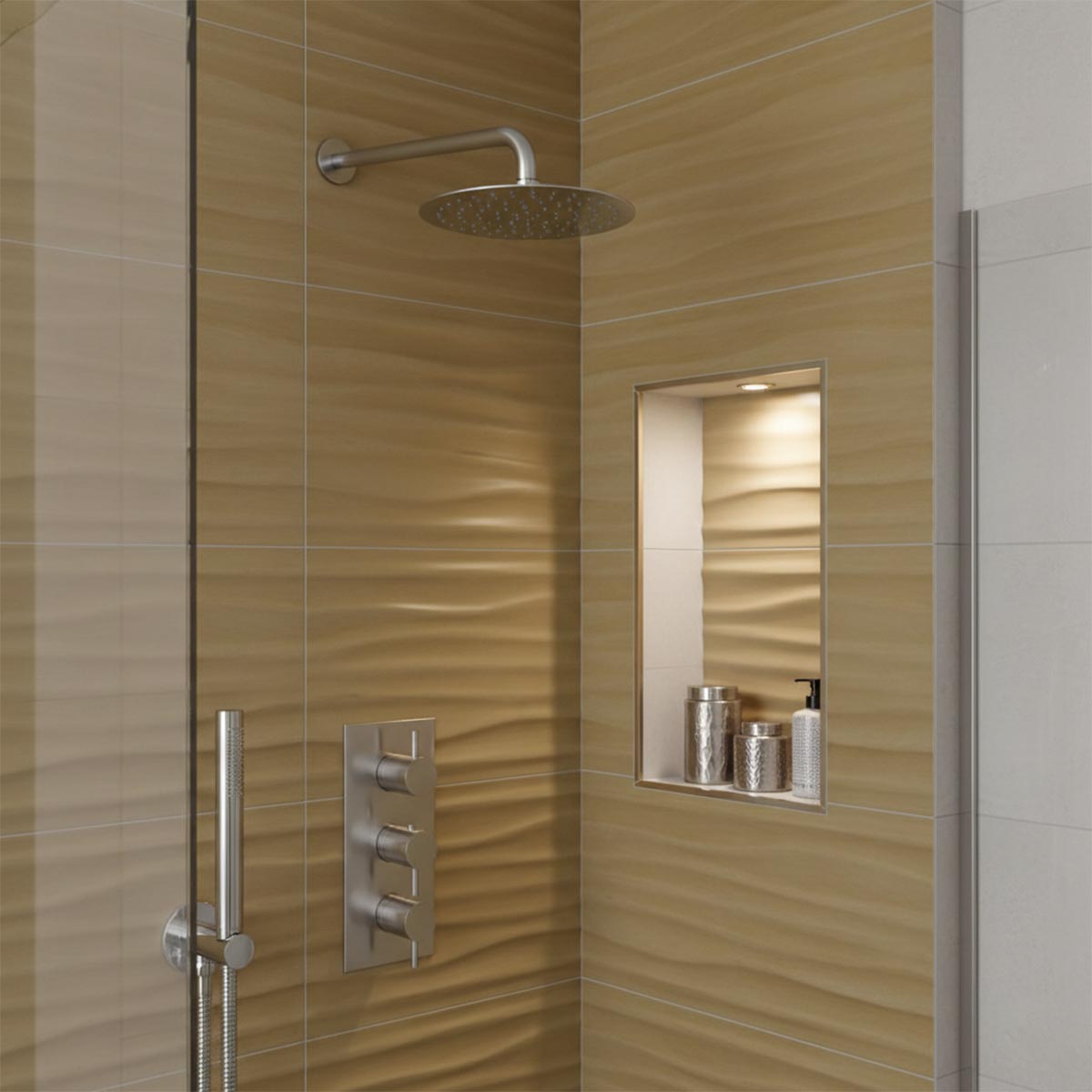 Thermostatic 2 Outlet Shower Valve with Shower Handset, Shower Head & Arm - Stainless Steel